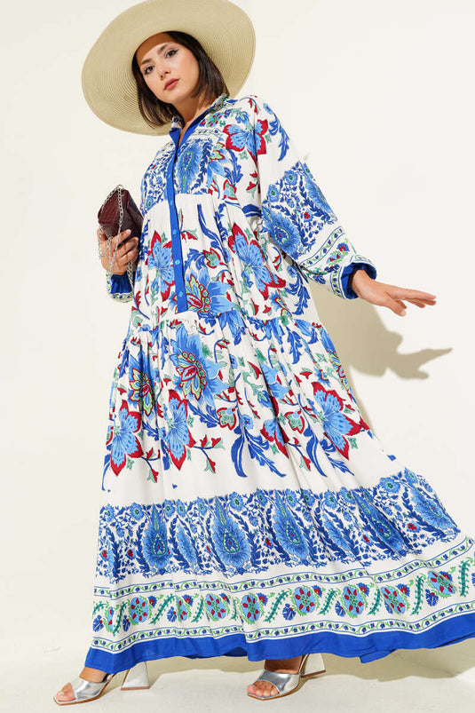 Çiçek Desenli Bilek Lastikli Elbise Saks