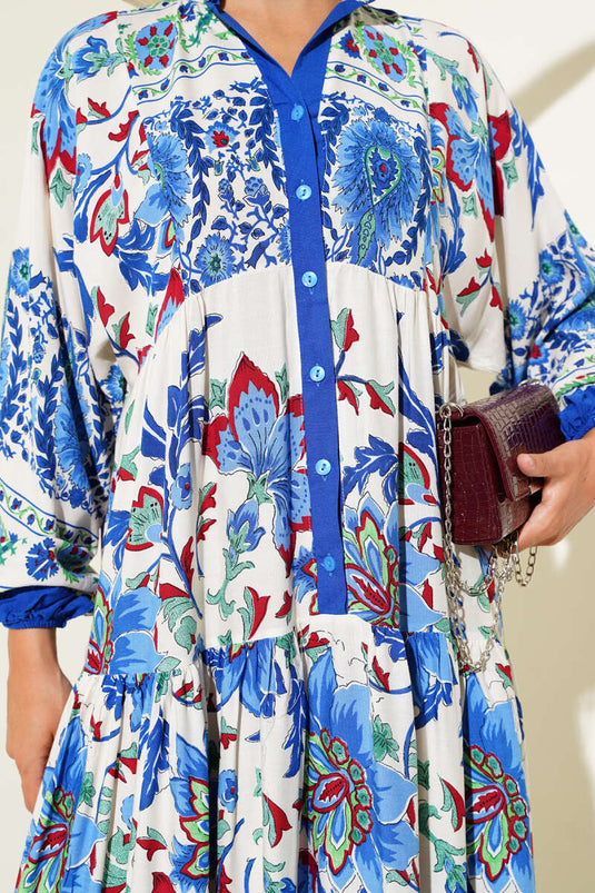 Çiçek Desenli Bilek Lastikli Elbise Saks