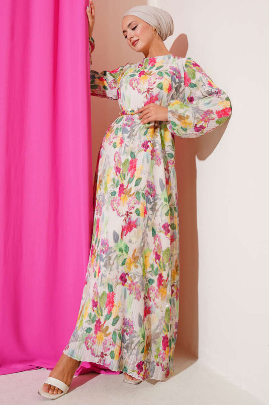 Floral Patterned Pleated Dress Green