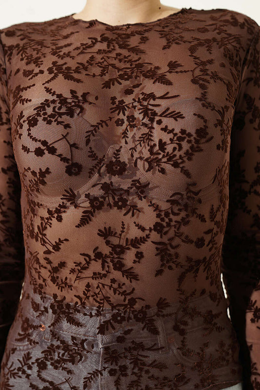 Blusa con pizzo e motivo floreale Marrone