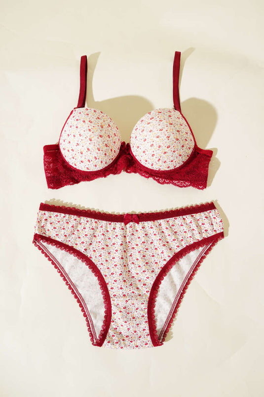 Floral Patterned Lace Padded Bra Set Burgundy