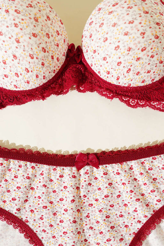 طقم حمالة صدر مبطنة من الدانتيل بنقوش زهرية - بورجوندي