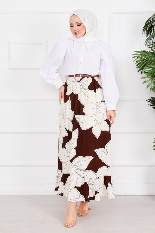 تنورة بنية بنقوش زهرية