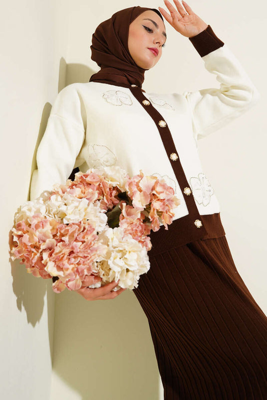 Floral Patterned Skirted Knitwear Two Piece Set Brown