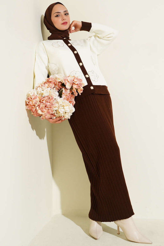 Floral Patterned Skirted Knitwear Two Piece Set Brown