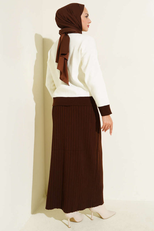 Floral Patterned Skirted Knitwear Two Piece Set Brown