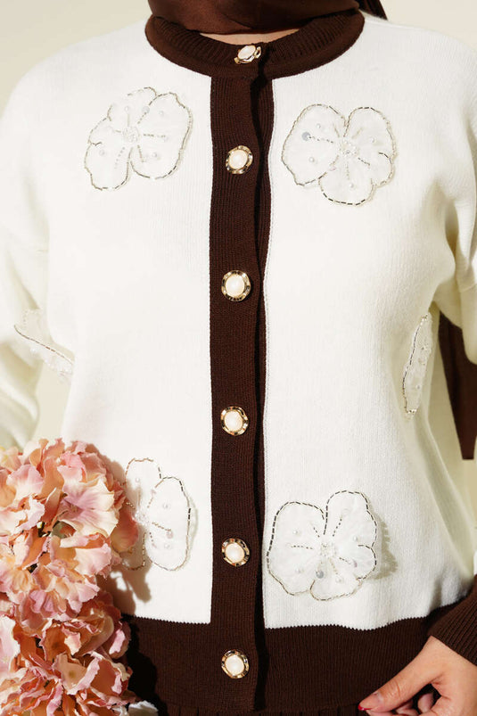 Floral Patterned Skirted Knitwear Two Piece Set Brown