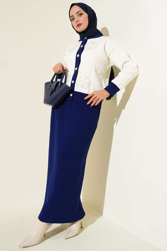 Floral Patterned Skirted Knitwear Two Piece Suit in Saks