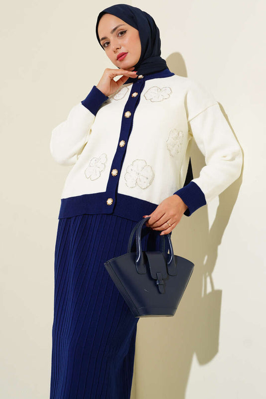 Floral Patterned Skirted Knitwear Two Piece Suit in Saks