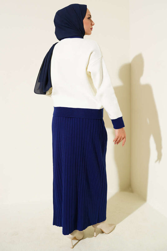 Floral Patterned Skirted Knitwear Two Piece Suit in Saks