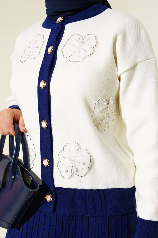 Floral Patterned Skirted Knitwear Two Piece Suit in Saks