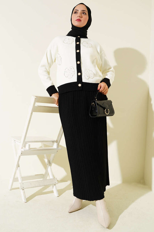 Floral Patterned Skirted Knitwear Two Piece Set Black