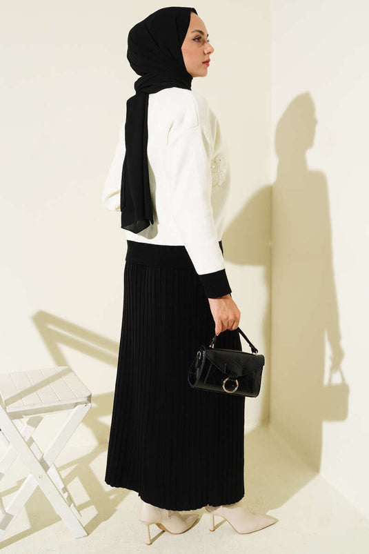 Floral Patterned Skirted Knitwear Two Piece Set Black