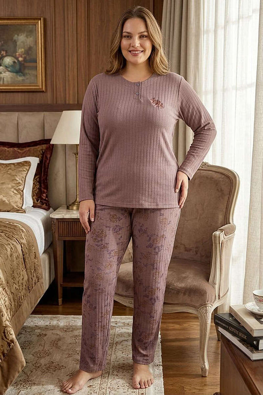 Floral Patterned Ribbed Plus Size Pajama Set in Dusty Rose