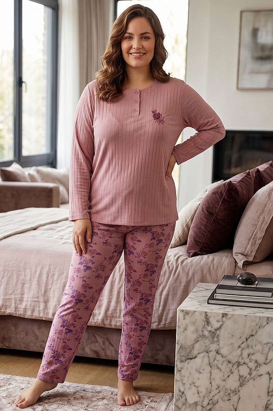 Floral Patterned Ribbed Plus Size Pajama Set in Powder Pink