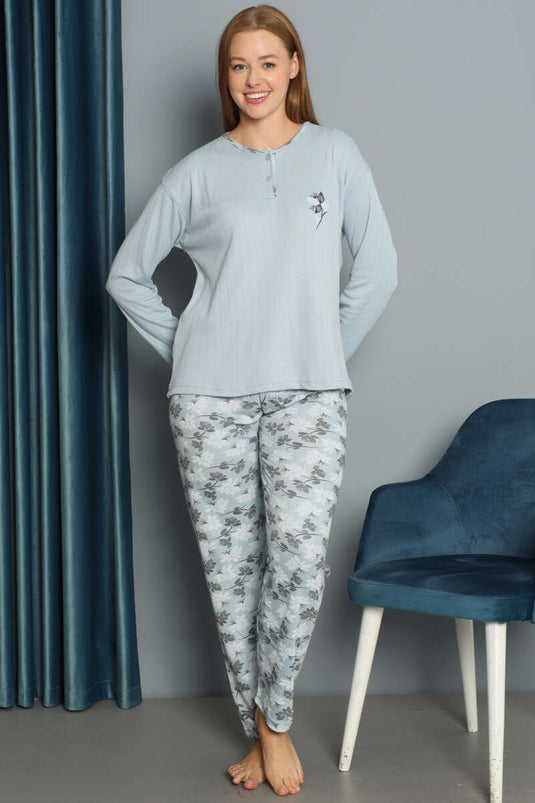 Pyjamaset met bloemenprint en ribstof, lichtblauw