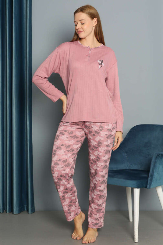 Floral Patterned Ribbed Pajama Set, Rose Pink