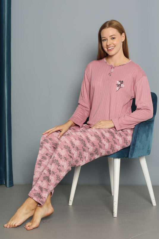 Floral Patterned Ribbed Pajama Set, Rose Pink