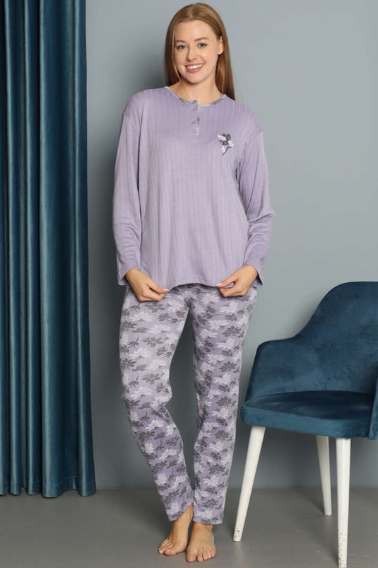 Çiçek Desenli Fitilli Pijama Takımı Lila