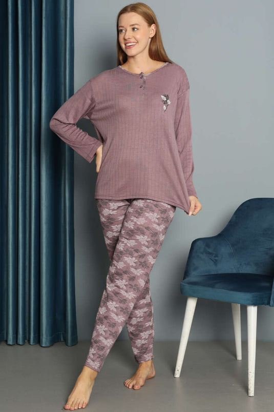 Pyjamaset met bloemenprint en ribstof, pruimkleurig