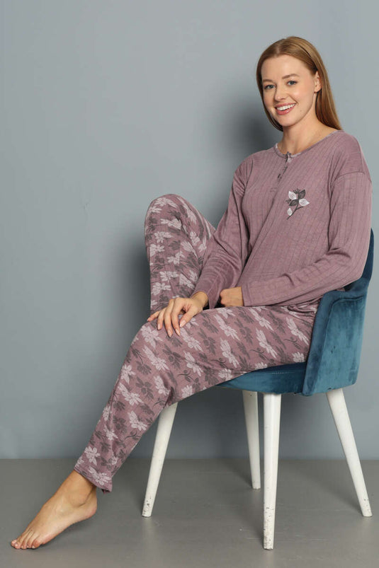 Pyjamaset met bloemenprint en ribstof, pruimkleurig