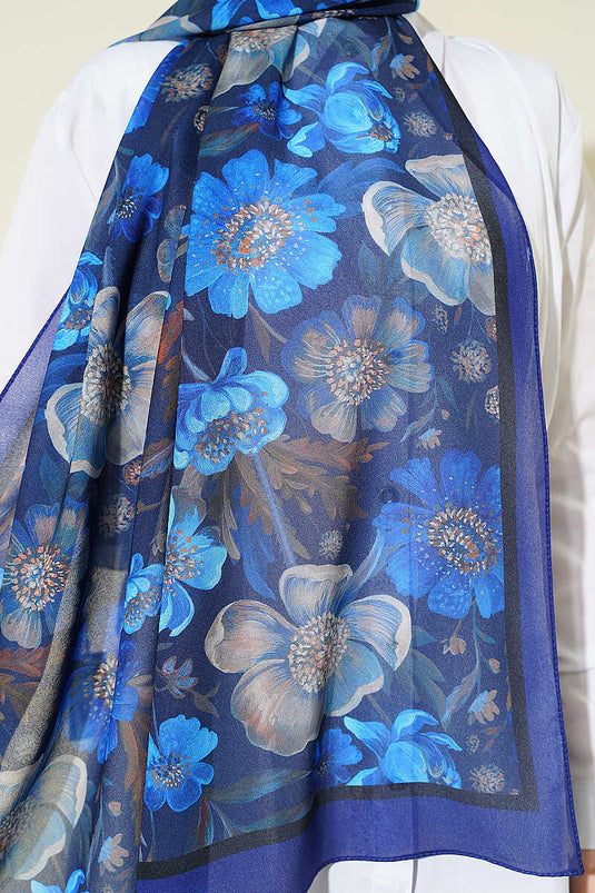 Écharpe en chiffon italien à motif floral bleu marine