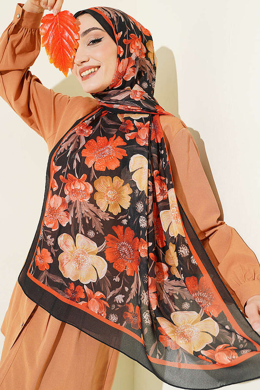 Écharpe en chiffon italien à motif floral noir et orange