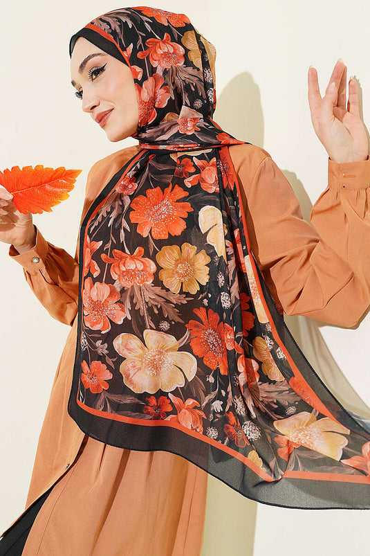 Écharpe en chiffon italien à motif floral noir et orange