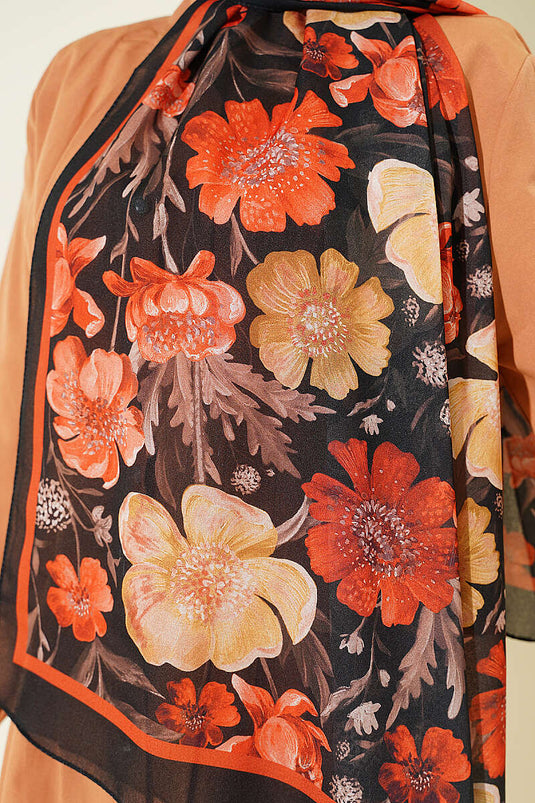 Écharpe en chiffon italien à motif floral noir et orange