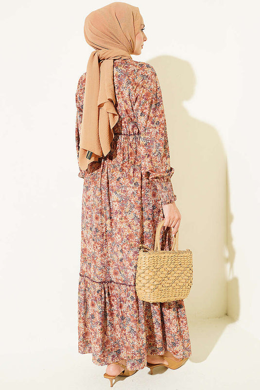 Çiçek Desenli Kadife Elbise Camel