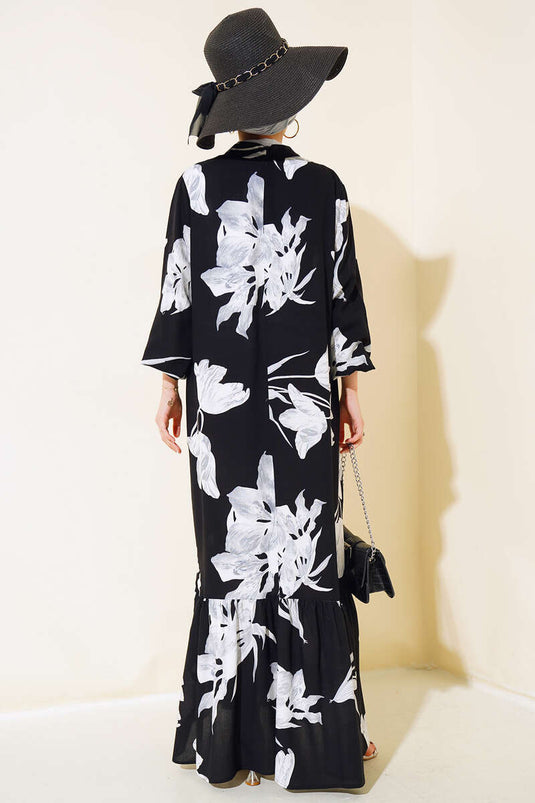 Gelaagde jurk met bloemenmotief, zwart