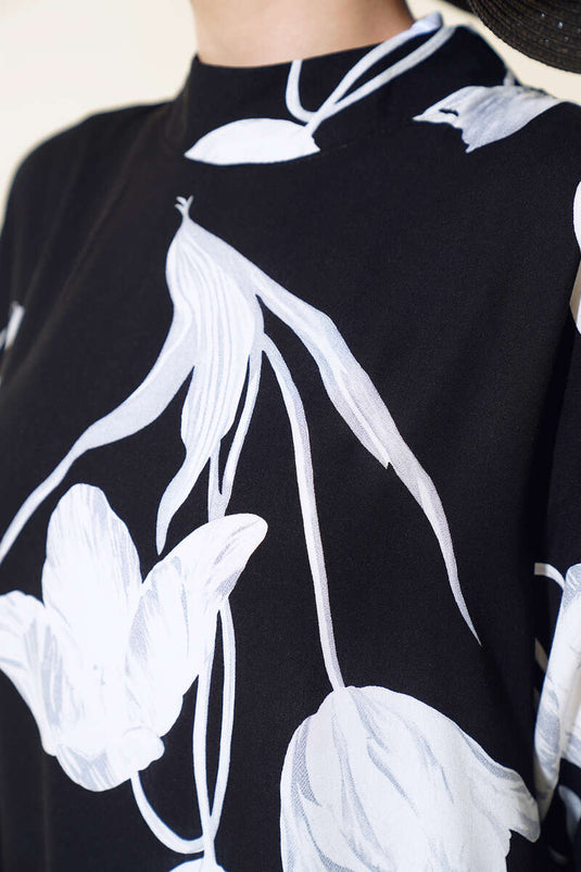 Gelaagde jurk met bloemenmotief, zwart