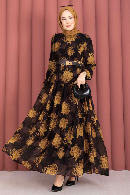 Floral Patterned Belted Chiffon Dress Dark Brown