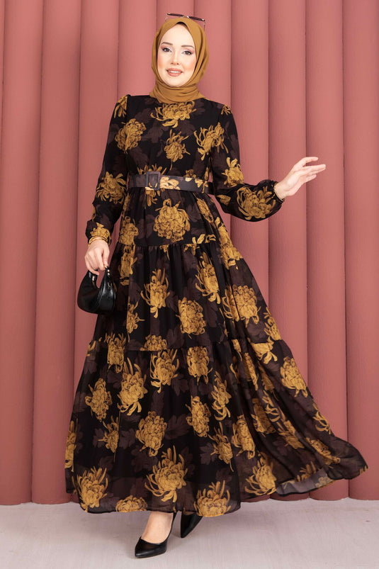 فستان شيفون بنقشة الأزهار مع حزام بلون القهوة الداكن