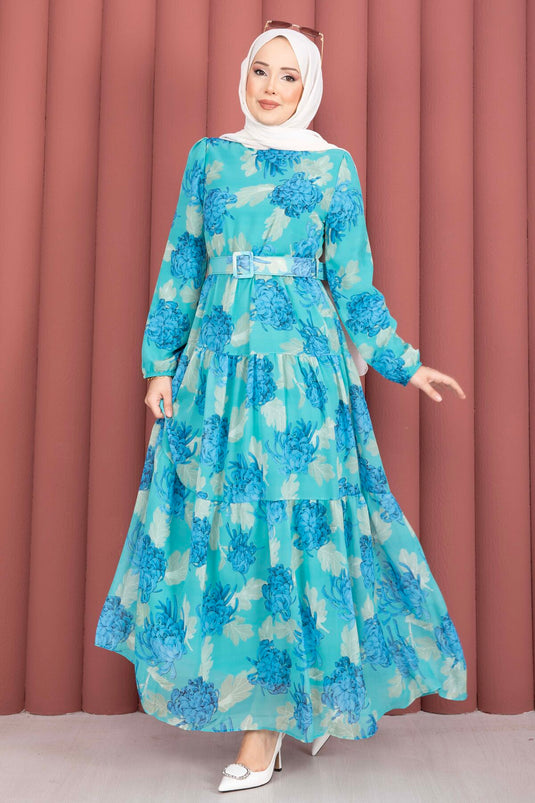 Turquoise Chiffon Dress with Floral Pattern and Belt
