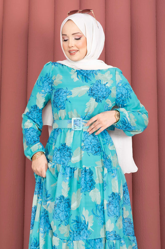 Turquoise Chiffon Dress with Floral Pattern and Belt