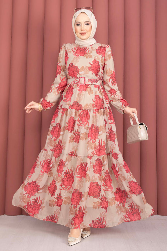 Floral Patterned Belted Chiffon Dress Mink