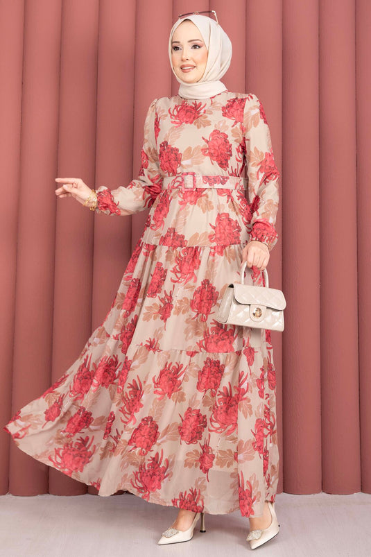 Robe en chiffon à motif floral avec ceinture, couleur vison