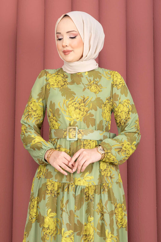 Floral Patterned Belted Chiffon Dress Green Olive