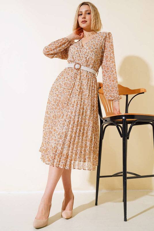 Kleid mit Blumenmuster und Gürtel Beige