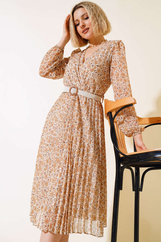 Kleid mit Blumenmuster und Gürtel Beige