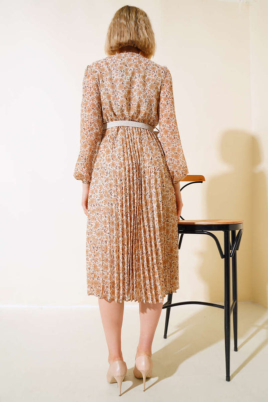 Kleid mit Blumenmuster und Gürtel Beige