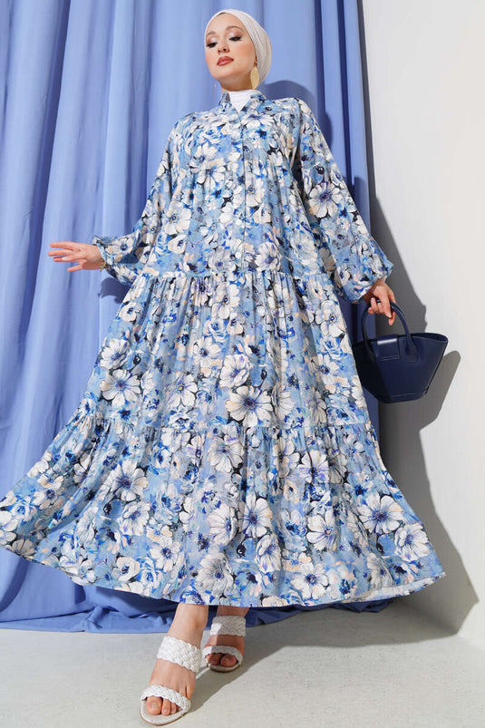 فستان واسع منقوش بالزهور نيلي
