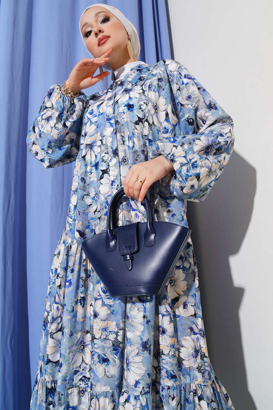 فستان واسع منقوش بالزهور نيلي