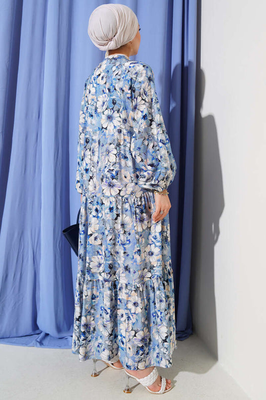 فستان واسع منقوش بالزهور نيلي