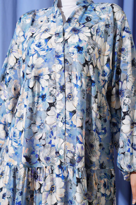 فستان واسع منقوش بالزهور نيلي