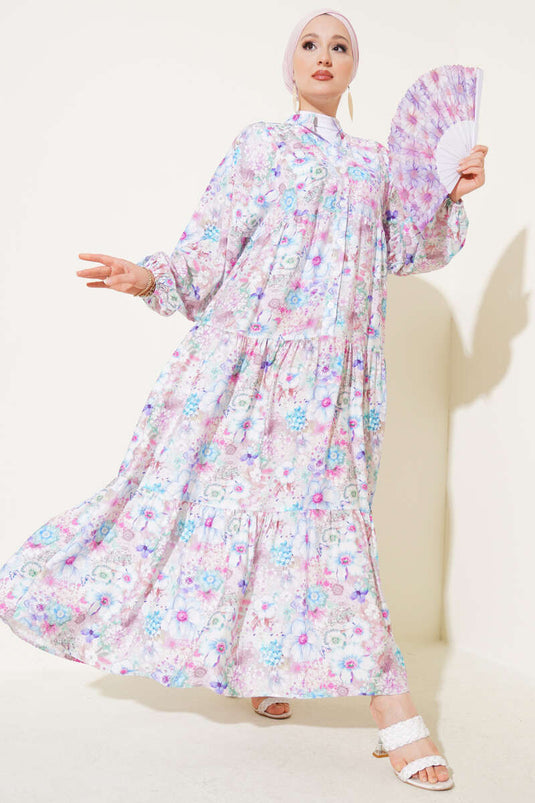 Bloemenpatroon uitlopende jurk blauw