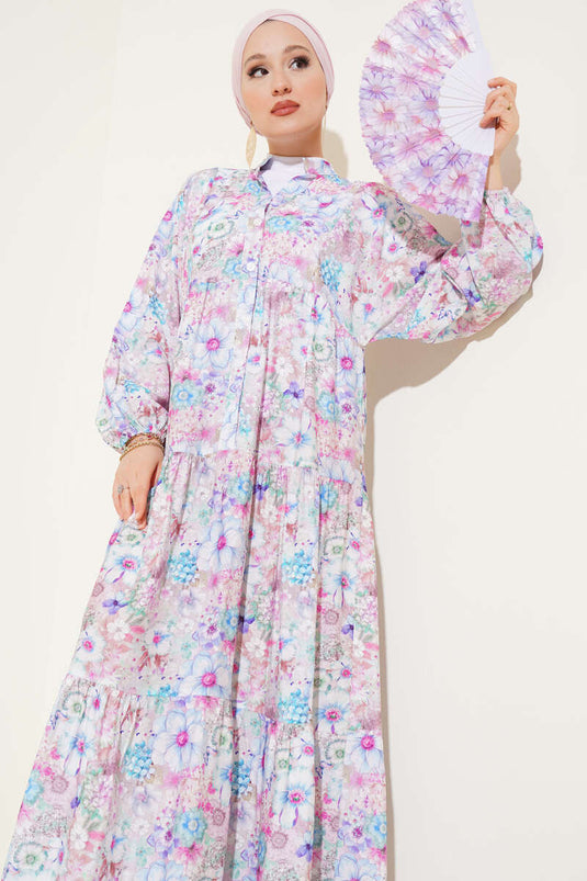 Bloemenpatroon uitlopende jurk blauw