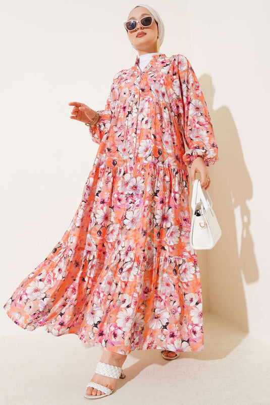 Çiçek Desenli Kloş Elbise Oranj