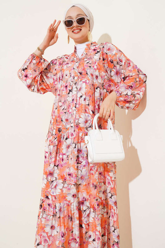 Çiçek Desenli Kloş Elbise Oranj